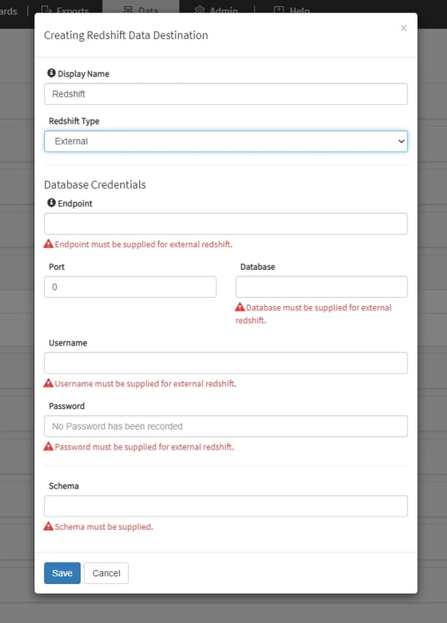 Creating Redshift Data Destination
