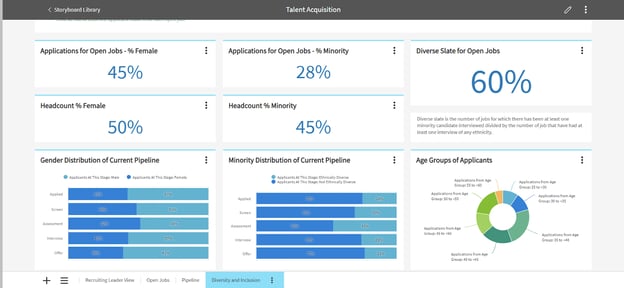 Diversity and inclusion storyboard pages of the Talent Acquisition Storyboard showing percentages of male and female, minority applicants for open jobs.