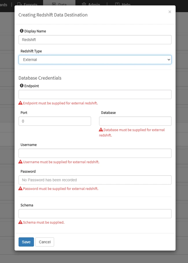 Creating Redshift Data Destination